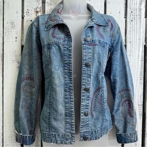 VTG Hearts of Palm Embroidered Denim Jacket Blue Paisley Size 14 L/XL Boho Artsy